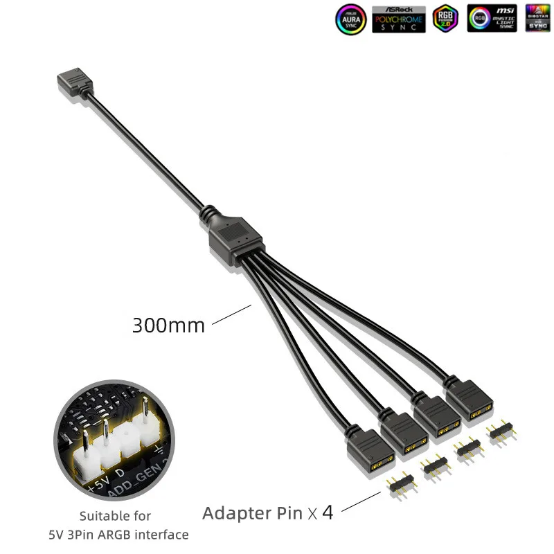 thumbnail image 1 of COOLMOON White 30CM 5V 3Pin ARGB Extension Cable Adapter 1 to 1 2 3 4 Spliter for Fan Motherboard AURA RGB LED SYNC for MSI ASUS, 1 of 5