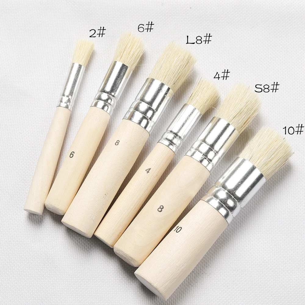 6Pcs Wooden Handle Watercolor Painting Stencil Brush Hog Bristle