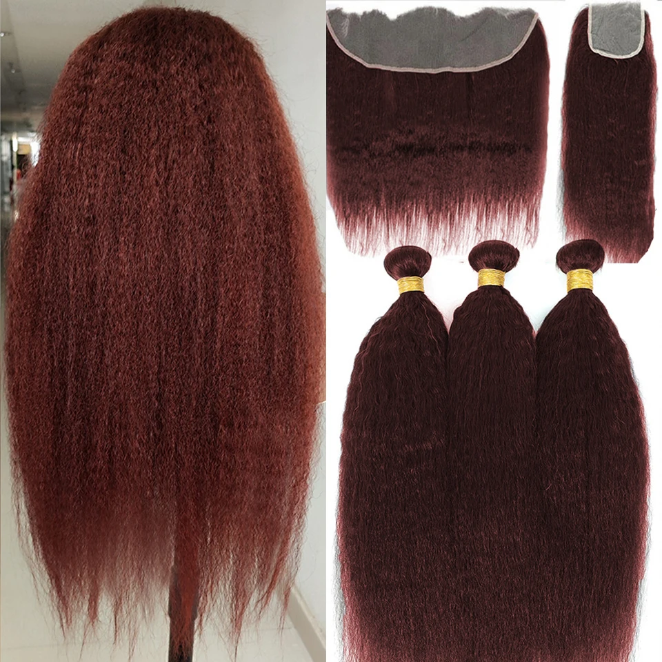 

33# Auburn Reddish Brown Colored Kinky Straight Bundles with Closure Wholesale Virgin Human Hair Bundles with Frontal Closure