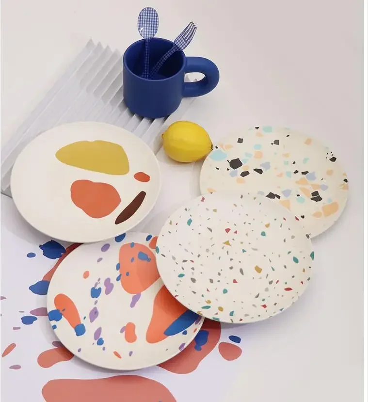 1pcs Nordic picnic plate hand-painted bamboo fiber plate picnic children tableware dinner environmental kitchen supplies