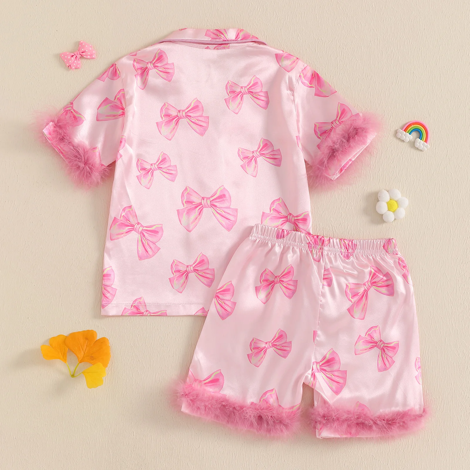 Children s Girls Summer Pajama Set with Cute Bow Print Short Sleeve Shirt and Elastic Waist Shorts - 2 Piece Lounge Suit 2