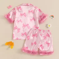 Children s Girls Summer Pajama Set with Cute Bow Print Short Sleeve Shirt and Elastic Waist Shorts - 2 Piece Lounge Suit 2
