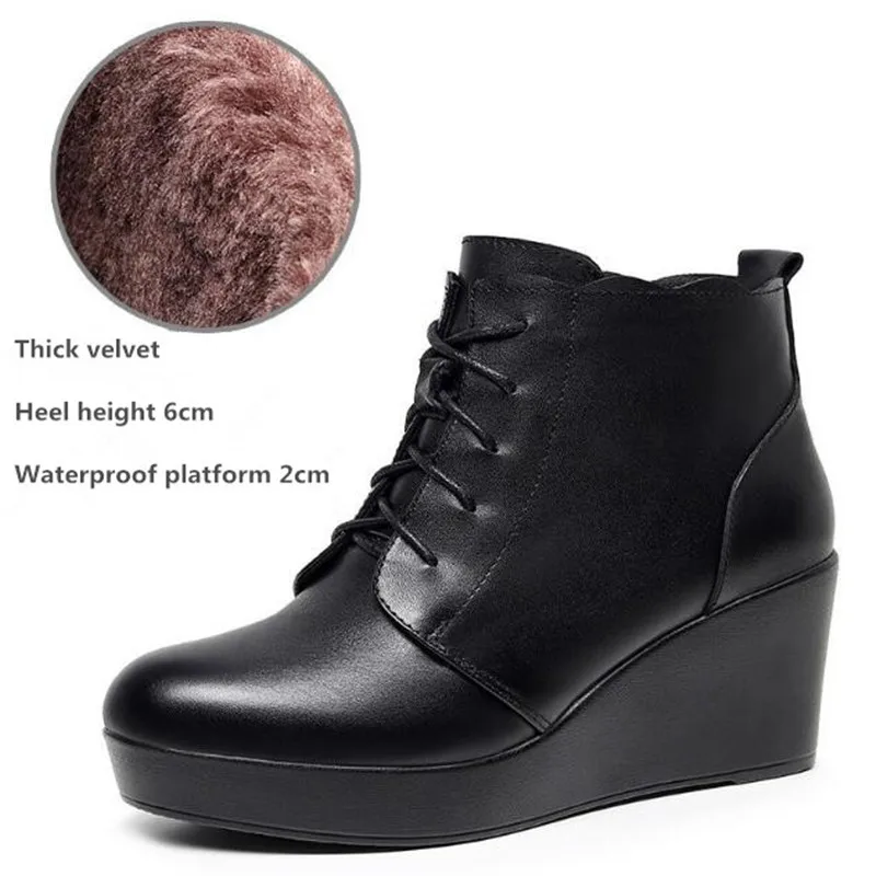 Genuine Leather Platform Lace Zipper Ankle Boots Women Fashion Wedge Shoes Winter Women High Heels Warm Women Snow Boots