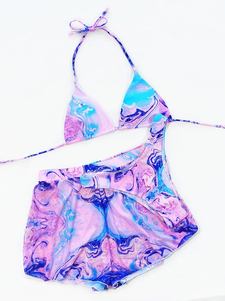 3PCS Tie Dye Halter Bikini Female Swimsuit Women Thong Swimwear Three-pieces Bikini set With Shorts Bather Bathing Suit Swim