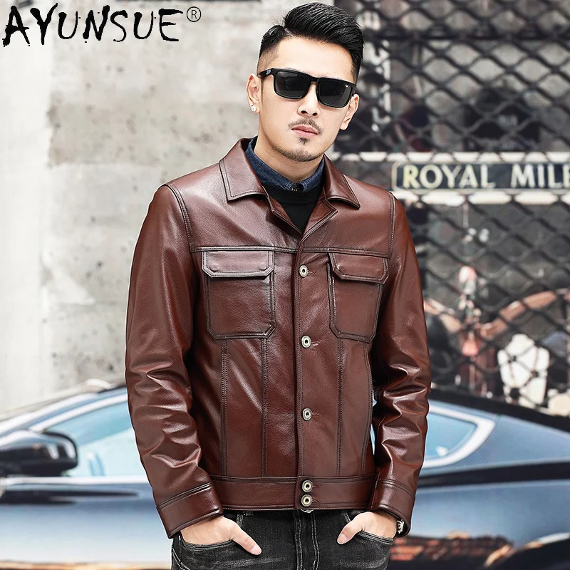 

Real Cowhide Leather Jacket Men Black Genuine Coat Male Short Slim Korean Jackets Blouson Homme SQQ755