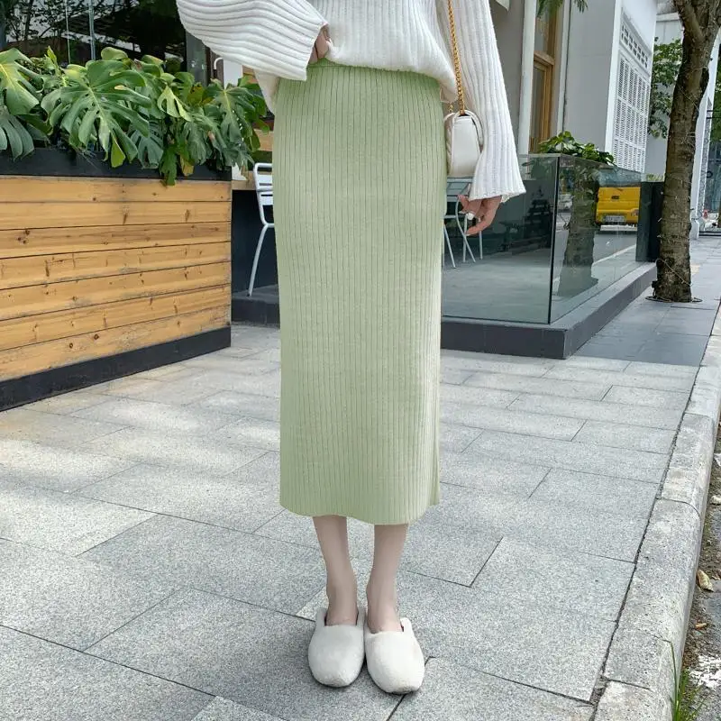 Autumn Winter High Waist Split Hem Knitted Half Length Skirt Solid All-match Elegant A-line Skirt Sweet Fashion Women Clothing
