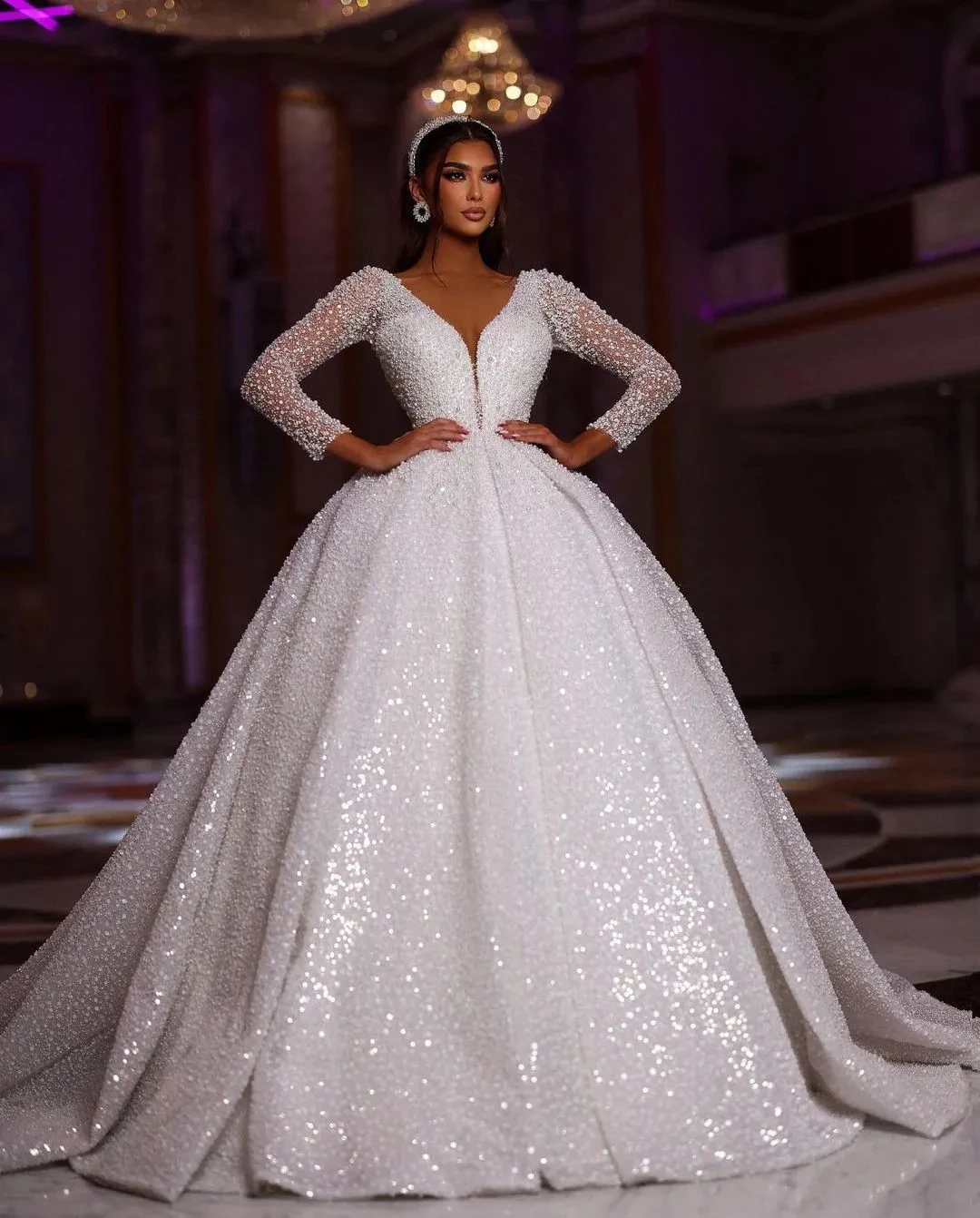 

Charming More Pearls Long Sleeves Bridal Gowns Pearls Sequined Princess Wedding Dresses Custom Made Vestidos De Novia