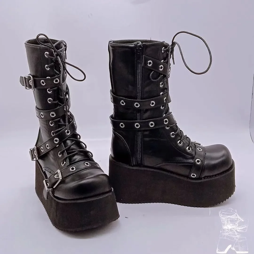 Plus Size 43 Autumn Women Boots Buckle Round Toe Wedges Platform Boots Punk Goth INS Women Street Shoes Combat Boots for Women