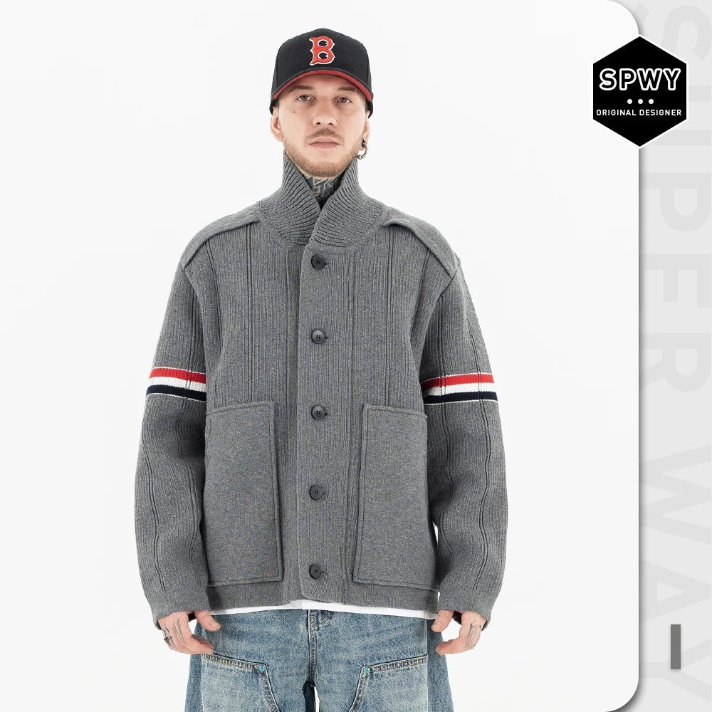 Men Women Superway Cardigans Korean Style Knit Sweater Unisex High Neck Wool Vertical Striped Y2K Vintage Warm Loose