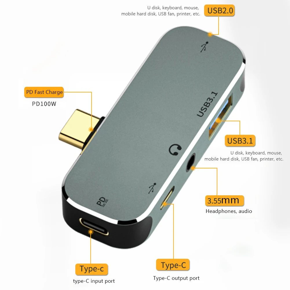 Type-C Extension Hub 3.55mm Jack PD100W USB3.0/USB2.0/USB3.1 HDMI-Compatible USB Extender PC Computer Laptop Splitter