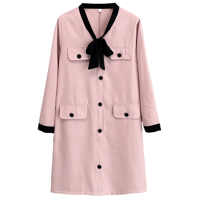 Fall New Plus Size Women Dress French Style Loose Fashion Chic Wind Bow V-Neck Pink Dress 3303