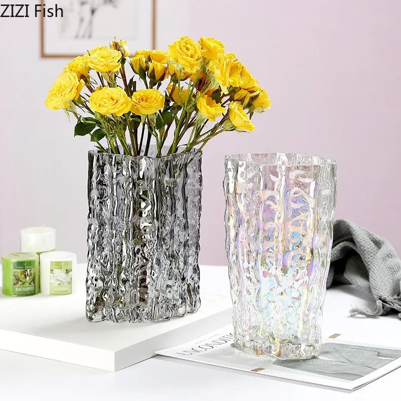 Transparent Glacier Wrinkle Glass Vase Hydroponics Flower Pots Desk Decoration Flowers Arrangement Floral Vase Modern Home Decor 2