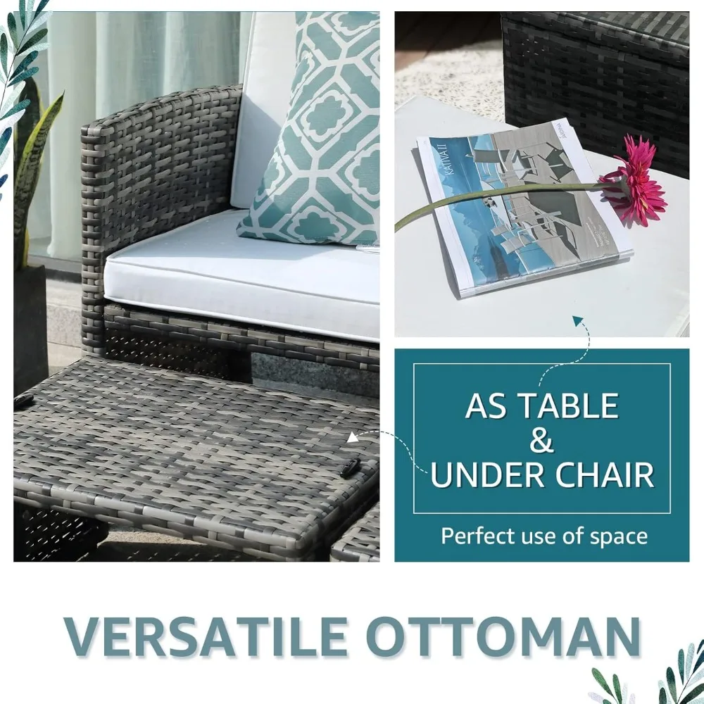 Outdoor Loveseat Patio Furniture Rattan Conversation Set with Ottoman, White Cushions, Grey Wicker, Pillows Included 6
