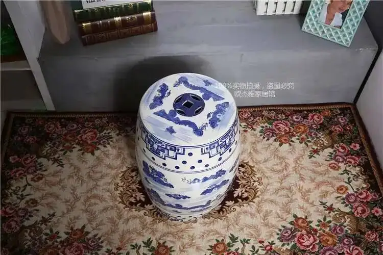 White Porcelain and Drawn Blue Shoe Hand Changing Stool Ceramic Drum Bathroom Neoclassical Imitation Sitting Stool Low Round