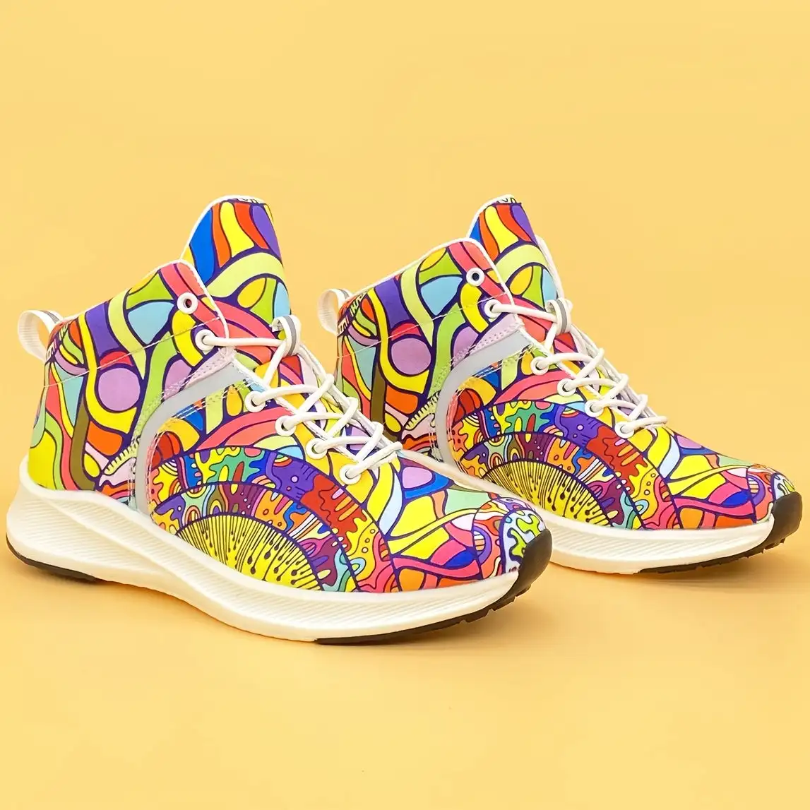 

Women's Graffiti Print High-Top Lace-Up Sneakers, Reflective Safety Straps Detail Sneakers, Women's Footwear