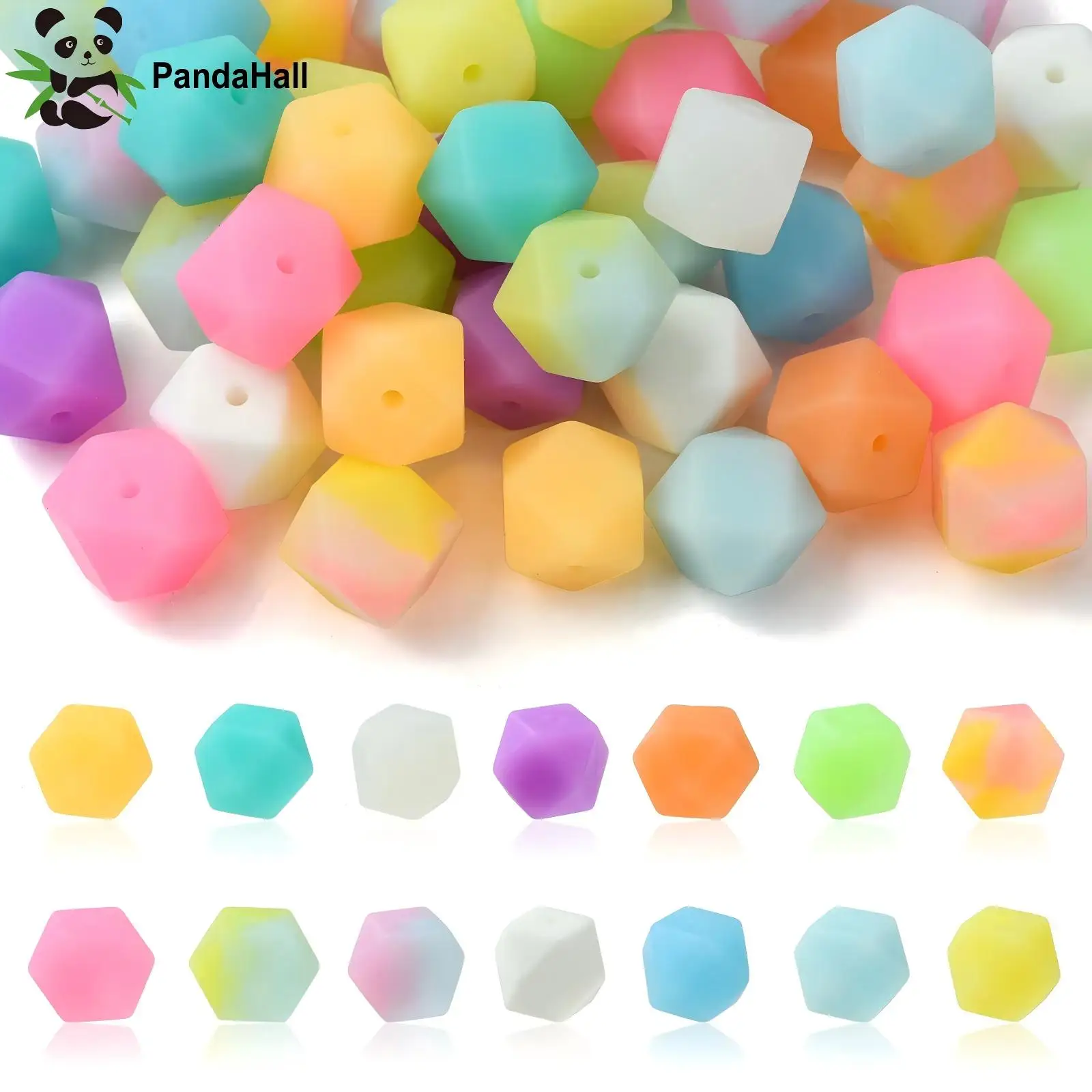 PandaHall 50 Stück gemischte 14-mm-Sechseck-Silikonperlen, die im Dunkeln leuchten, Bubblegum-Perlen, leuchtende lose Perlen für die Schmuckherstellung
