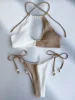 XS - L Splicing Halter Hollow Out Ribbed Bikini Female Swimsuit Women Swimwear Two-pieces Bikini Set Pearls Bathing Suit Swim