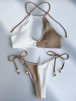 XS - L Splicing Halter Hollow Out Ribbed Bikini Female Swimsuit Women Swimwear Two-pieces Bikini Set Pearls Bathing Suit Swim