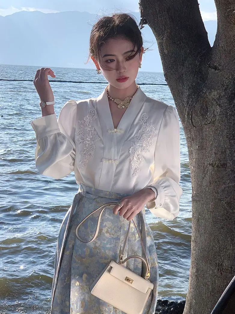 New Chinese Women's Horse Skirt Hanfu Embroidered Shirt Suit Spring New Horse Face Skirt Fashion 2-piece Suit