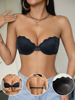 Reggiseno a fascia in pizzo da donna, senza spalline, con doppio chiusura frontale, antiscivolo, push-up, traspirante, lingerie