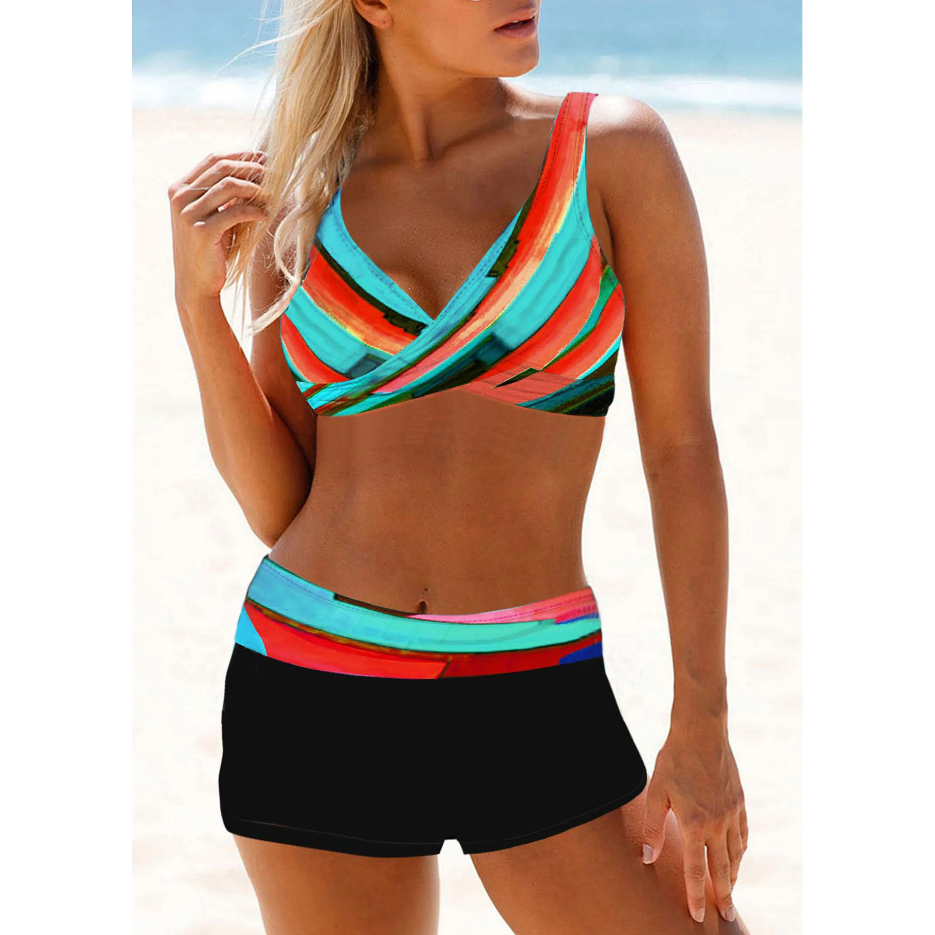 Summer Novel Women's High Quality Swimsuit Colorful Wave Line Printed Beach Tank Top Swimsuit S-5XL