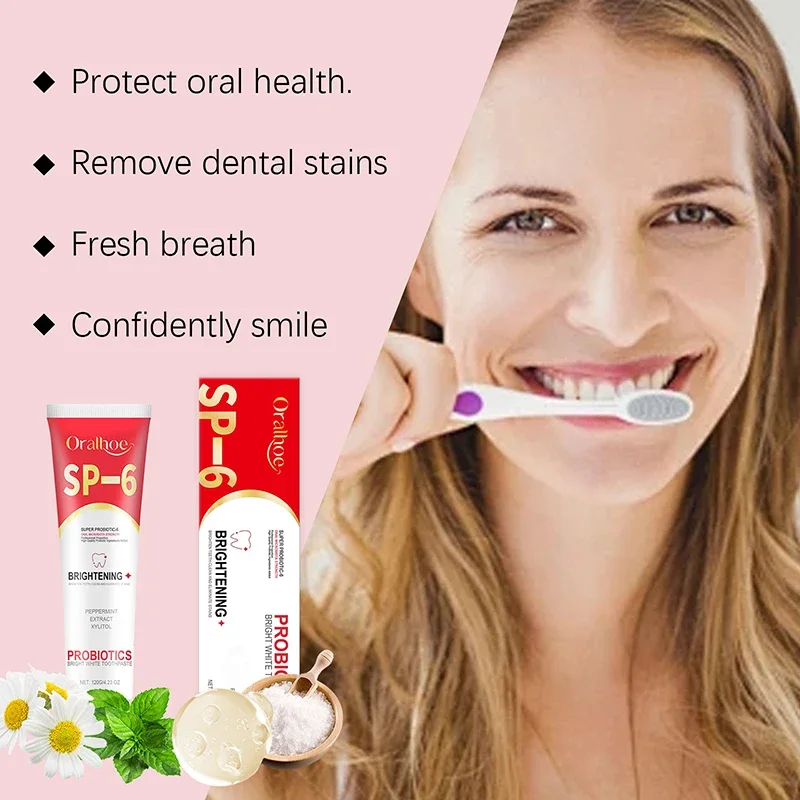 SP-6 Probiotic Toothpaste Whiten Clean Teeth Remove Stains Oral Care Management Fresh Breath With Sodium Saccharin Lactobacillus teeth whitening product teeth health product