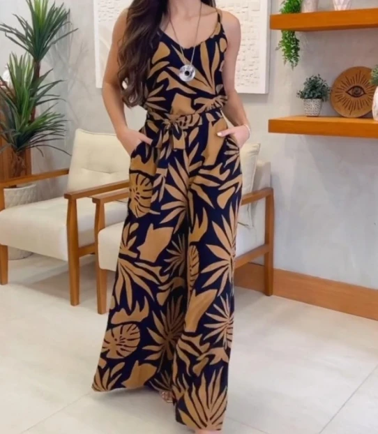 New Fashion 2024 for Women Spring Summer Pants Set Printed Sleeveless V-Neck Top with Loose Tie Up Wide Leg Pants Two-Piece Set