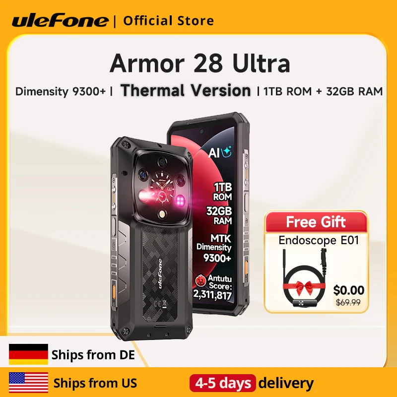 【Ships from US 】Ulefone Armor 28 Ultra 5G AI Thermal Imaging Rugged Phone Dimensity 9300+ 1TB ROM 32GB RAM Android Smartphone