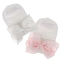 0-6Months Newborn Hospital Cute Knit White Bonnet with Ribbon Bow Baby Girls Boknot Beanie Hat Infant Grosgrain Bowknot Soft Hat 1