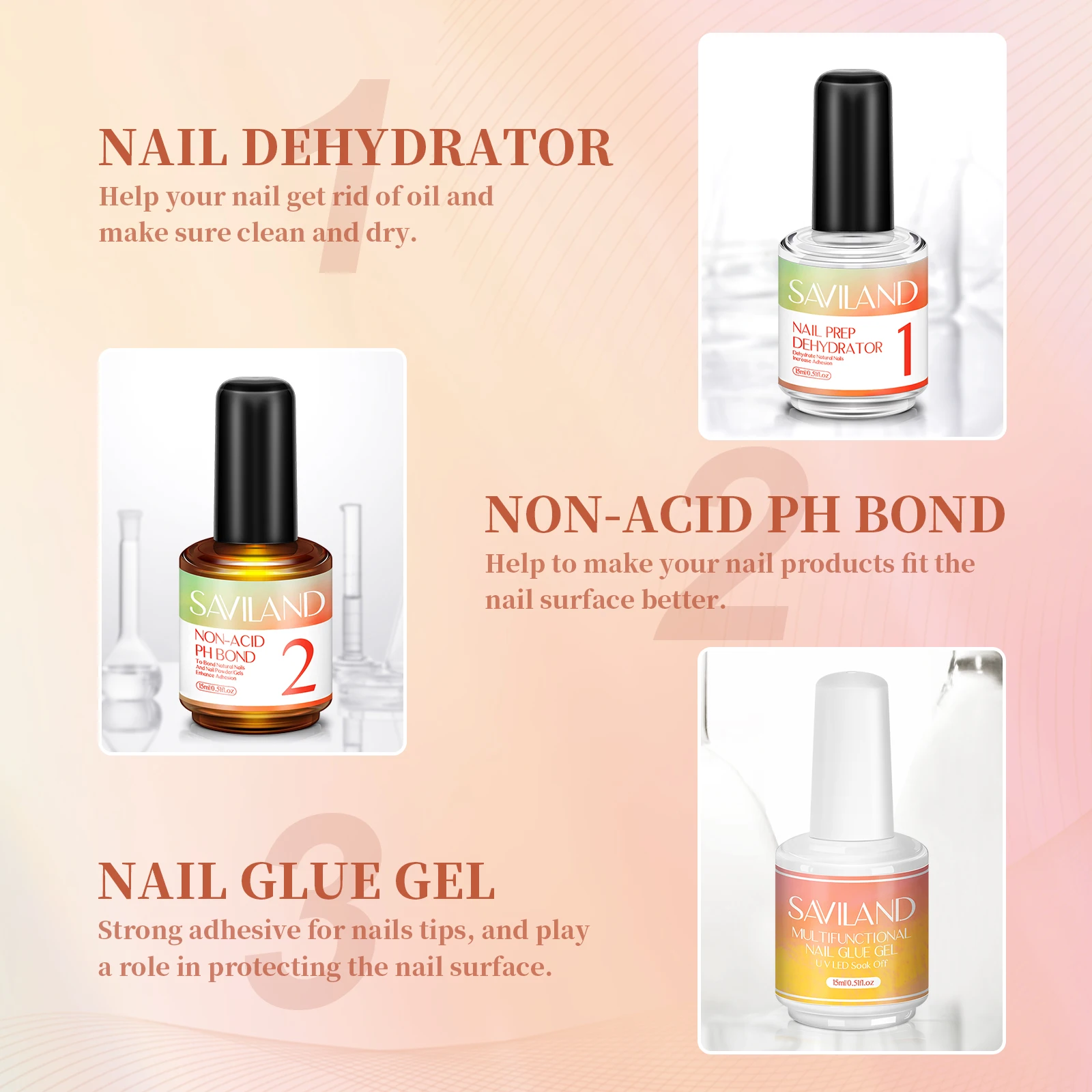 SAVILAND 3pcs Nail Dehydrator and Primer Gel Nail Prep Gel 15ml Super Strong Glue for Polish Press Ons Kit Art