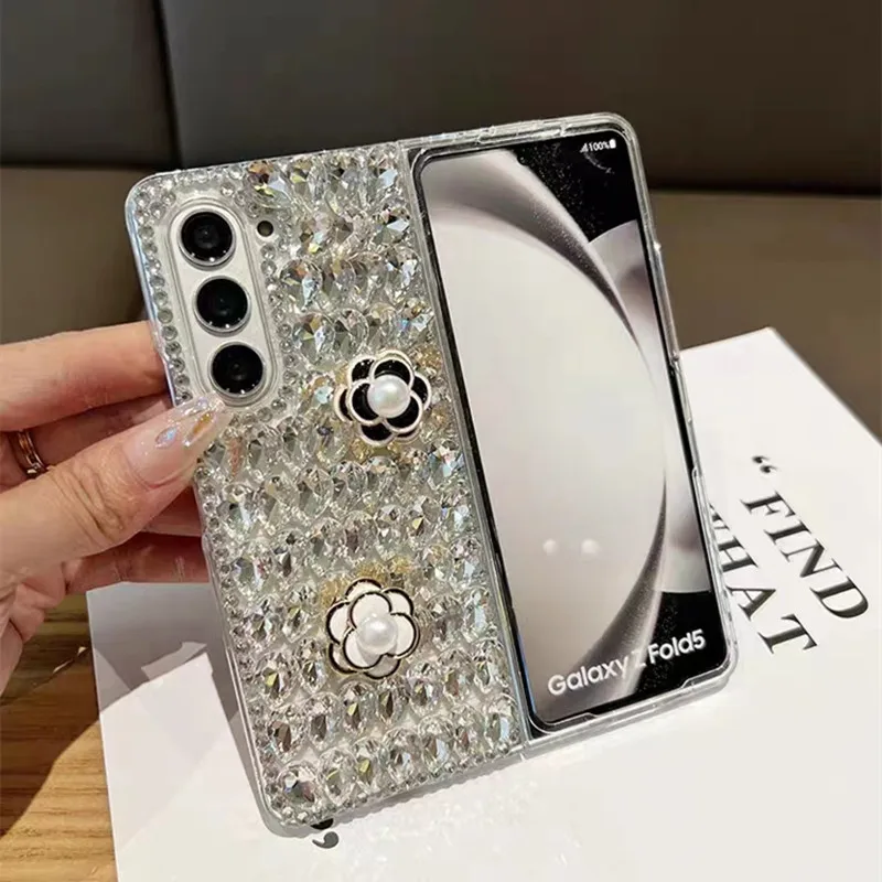 

Stylish Glitter Bling Diamond Pearl Camellia Phone Case for Samsung Galaxy ZFold 3 Z Fold 4 Z Fold 5 Zfold 2 Cover Capa