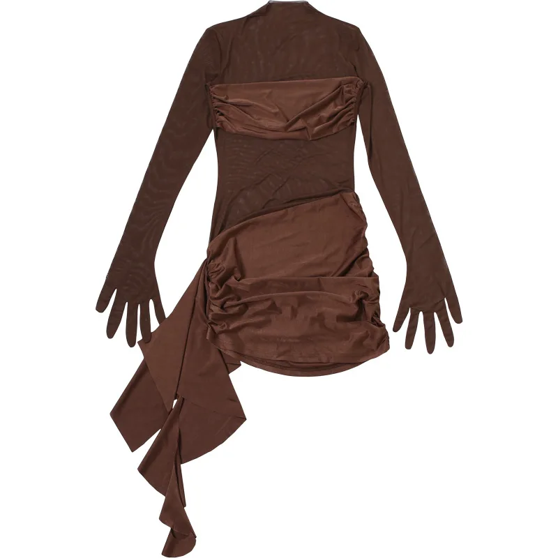 Mesh Hollow Out Sexy Mini Dress For Women See-Through High Waist Pleated Slim Bandage Gown Dress Female Y2k Mini Dress New