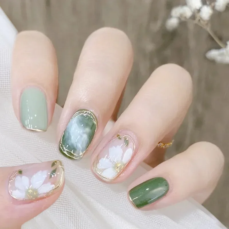 24Pcs Purple Short Round False Nails With Aurora Flower Design Detachable Korean Press On Nails Fake Acrylic Manicure Tips