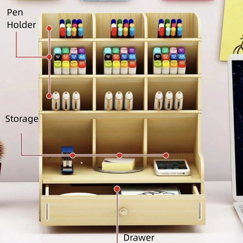Pencil Holder, Wooden Desk Organizer with Drawers, 12 compartmentsk, Pen Holder Storage Box, Art Supply Organizer, Desktop 5