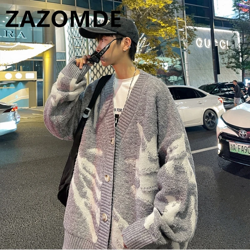 ZAZOMDE 하라주쿠 오버사이즈 스웨터, 일본 스타일 스트리트웨어, 한국 패션 가디건 점퍼, 남성용 니트 스웨터, 가디건 코트