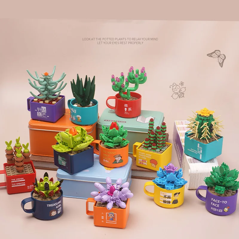 

City Creative Succulent Potted Cactus Flower Plant Building Block Cup Decoration Model Assembled Children's Toys for Girl Gifts