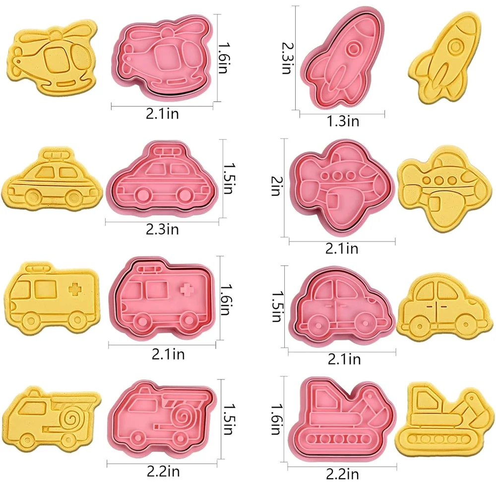 3D Cookie Cutter Stamps Airplane Car Vehicle Cartoon Pressable Stamp Cookie Molds Candy Baking Pastry Tools Baking Molds 8Pcs