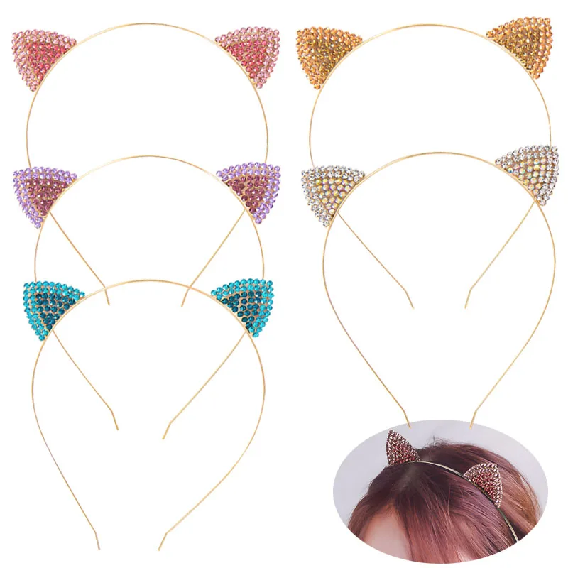 Girls  Glitter Crystal Metal Rhinestone Cat Ear Headband Alloy Hairband Costume Party Hair Band Accessories glitter band hey 1 cd