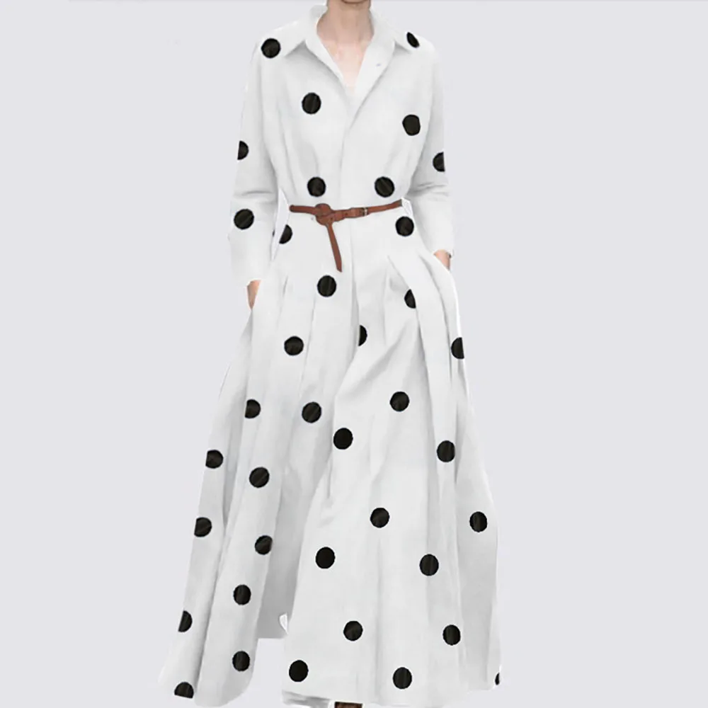 Long Sleeve Lapel Shirt Dress Women Elegant Fashion Polka Dot Slim Dresses 2023  Bohemian Maxi Robe Casual OL Kaftan