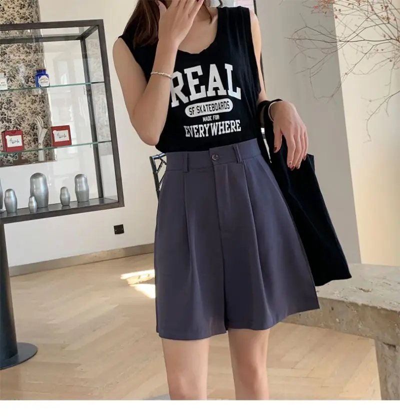 High Waist Straight Solid Blue Color Casual Suit Women's Shorts Clothing 2022 Summer Korean Style Shorts Woman Clothes dolphin shorts