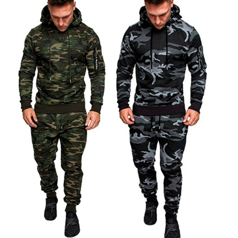 2023 Autumn Men Fitness Tracksuit Sport Set Camo Printed Hoodies Coat + Pants Sportwear Suit Male Outdoor Running Jogging Sets