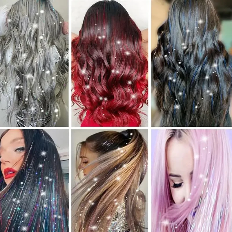 12pcs 20inch Tinsel Hair Extensions Wigs Colorful Shiny Artificial hair extensions Clip in Women Hairpieces for Daily Party Wear