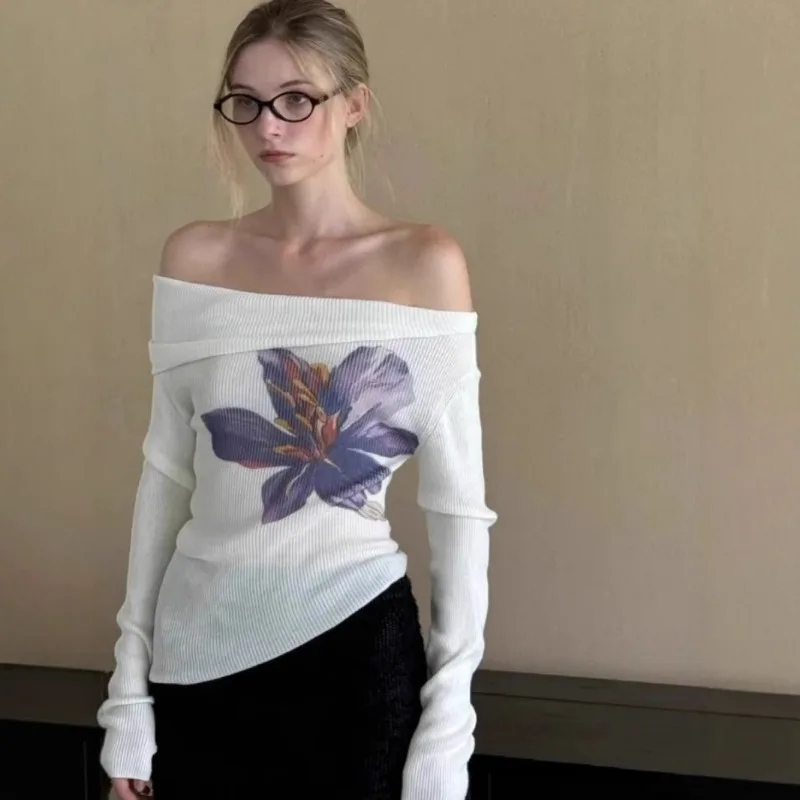 Talenza One Shoulder Printed Top Women's Summer Knit Backless Pleated Casual Pullover White Slim Office Lady Sexy Female T-Shirt 2