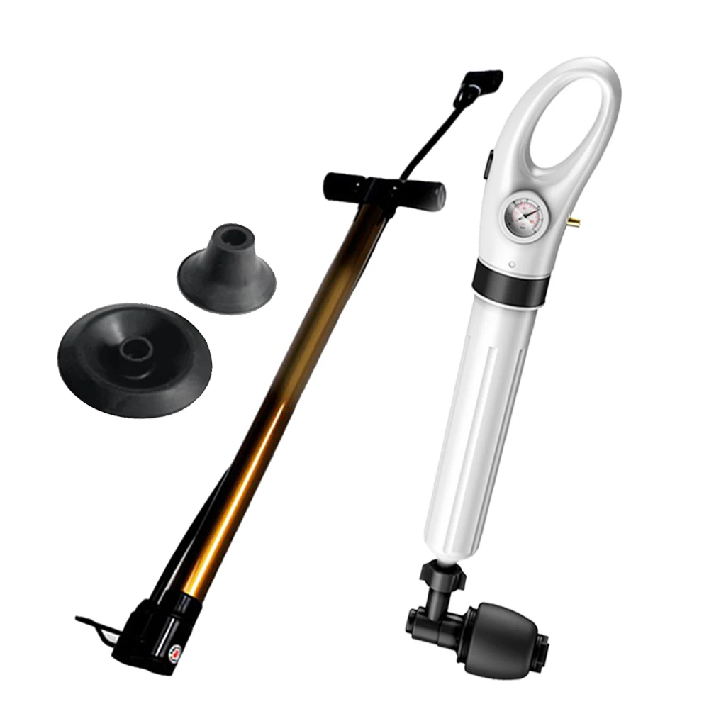 Toilet Air Pressure Plunger Pump Kits Air Drain Blaster Augers Gun Plunger with 4 Replaceable Heads White