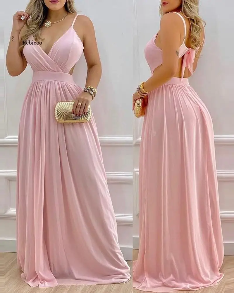 

Pink Sexy Sling maxi Dresses For Women 2022 Summer High Waist Solid Color Straight Beach Holiday Long Dress