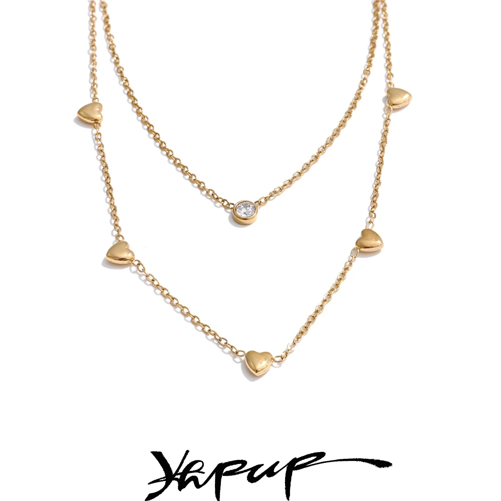 Yhpup Double Layer Zirconia Heart Necklace