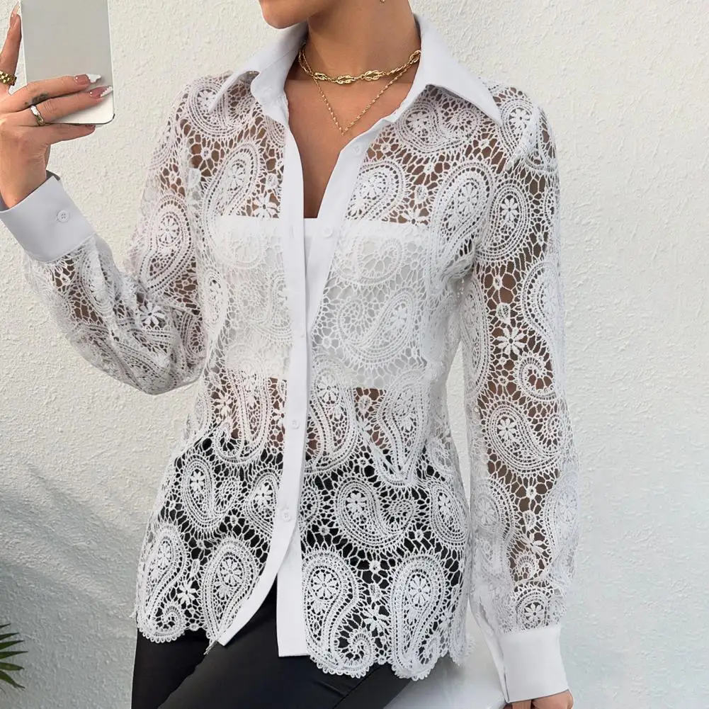 

Women Shirt Hollow Out Lace Single-breasted Lace Top See-through Turn-down Collar Long Sleeve Lady Commute Top