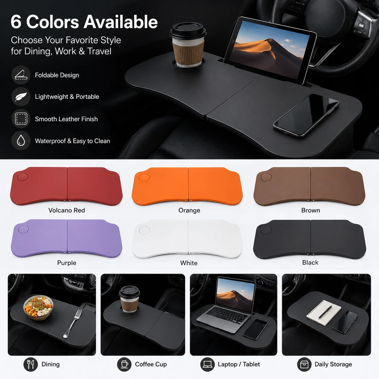 Tavolino Pieghevole per Auto Tesla Model Y, Scrivania per Volante, Vassoio per Laptop e Cibo, Accessorio Interno per Sedile Conducente e Passeggero - immagine 6