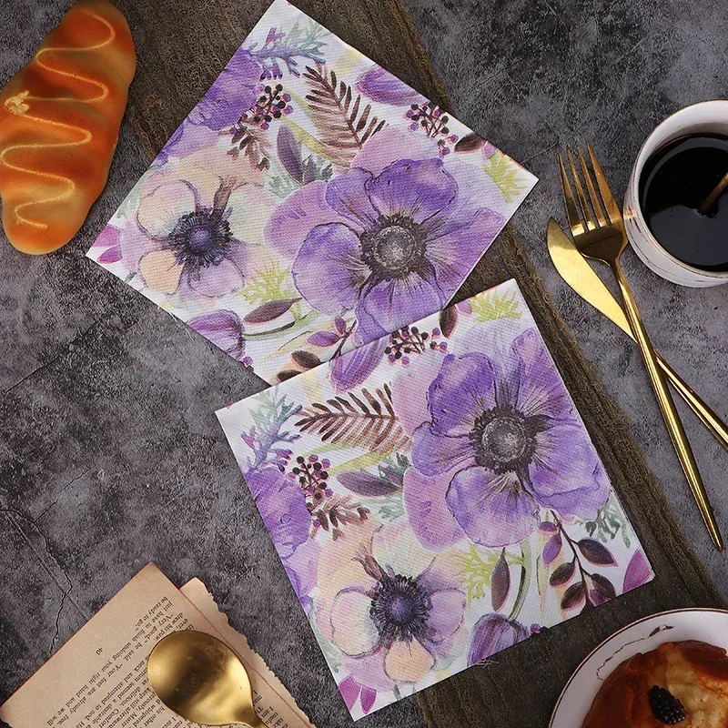 Purple Flowers Napkins Colourful Printed Paper Napkin Wedding Decoration Paper Placemat 20pcs Birthday Party Decoration Tissue