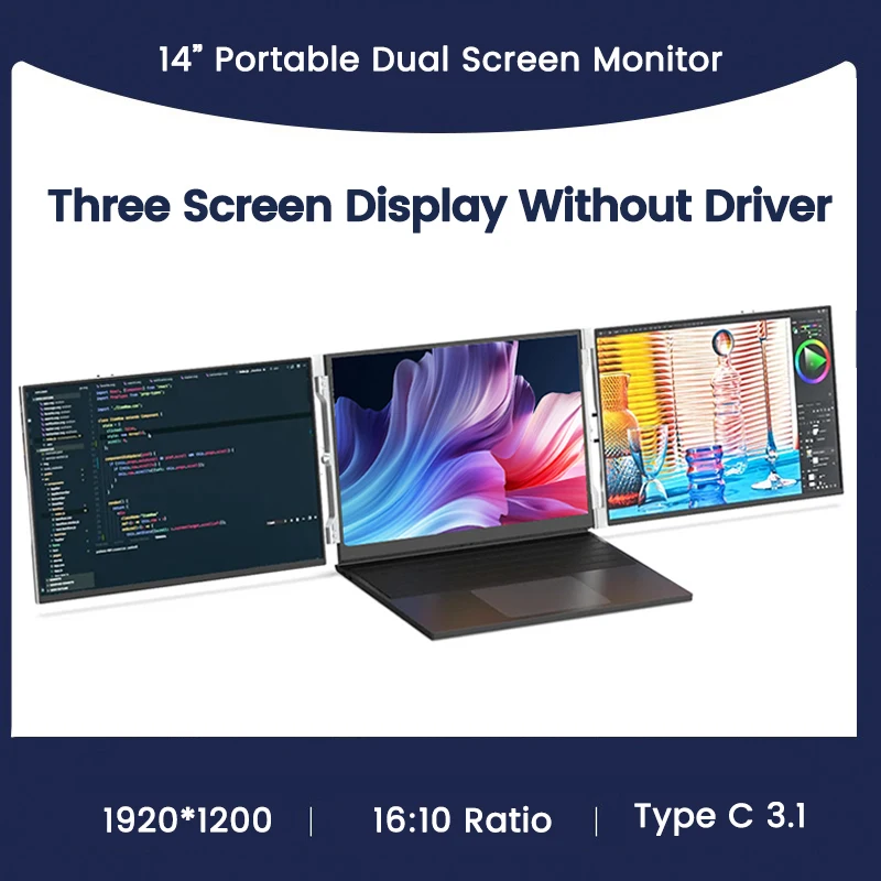 휴대용 모니터 USB-C 3.1 IPS 접이식 듀얼 외부 모니터, 13.3 - 16 인치 노트북용, 3 화면 디스플레이, 14 인치, 1920x1200